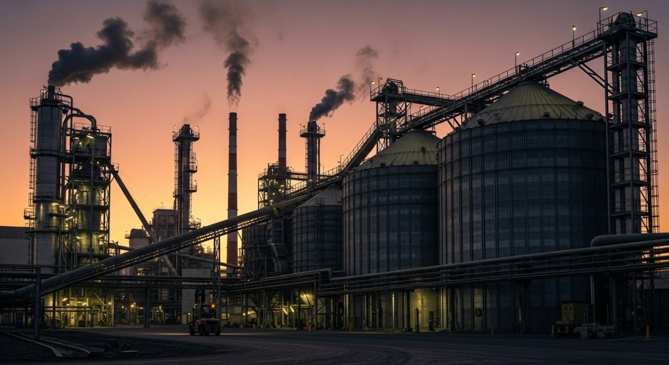 Navio cargueiro descarregando fertilizantes brancos a granel em terminal portuário.