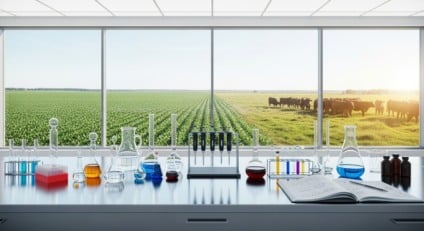 Bancada de laboratório com vidrarias e pipetas; técnico ao fundo desfocado