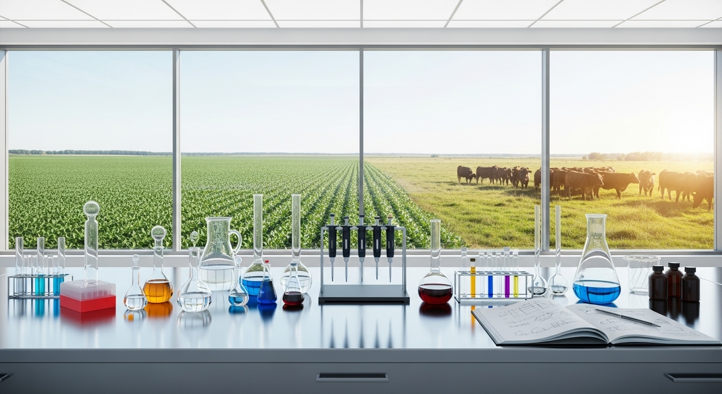 Bancada de laboratório com vidrarias e pipetas; técnico ao fundo desfocado