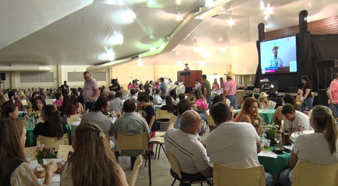 Nesta edição, o leilão reuniu mais de 100 lotes, entre animais de alto valor genético, bezerros, touros, prendas, bicicletas, quadros e objetos de decoração. Foto: Reprodução/TVC.