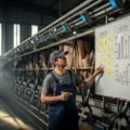 Vacas leiteiras em ordenha mecanizada dentro de estábulo organizado, produtor conferindo painel de controle de custos em prancheta, luz suave da manhã