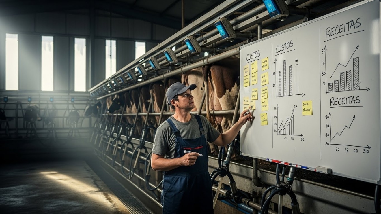 Vacas leiteiras em ordenha mecanizada dentro de estábulo organizado, produtor conferindo painel de controle de custos em prancheta, luz suave da manhã Vacas leiteiras em ordenha mecanizada dentro de estábulo organizado, produtor conferindo painel de controle de custos em prancheta, luz suave da manhã