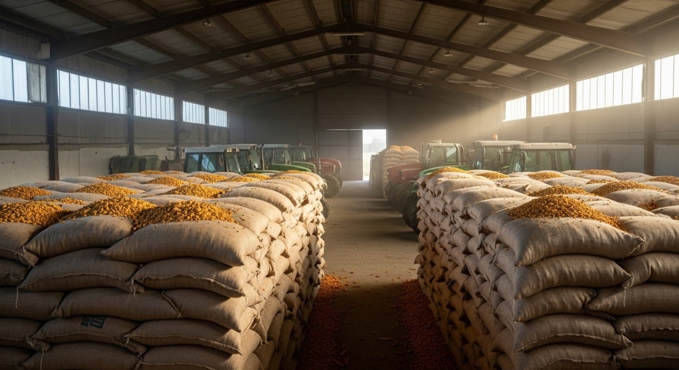 Sacas de milho empilhadas em armazém agrícola com iluminação natural.