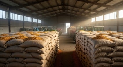 Sacas de milho empilhadas em armazém agrícola com iluminação natural.