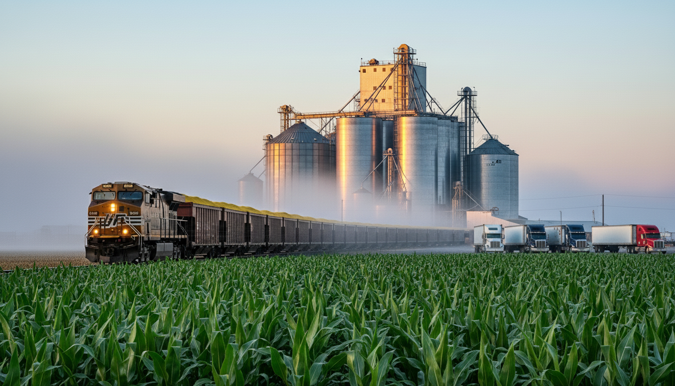 Trem carregado com grãos deixando região de plantio no Centro-Oeste, ao fundo silos e lavoura de milho pronta para colheita, céu limpo no amanhecer