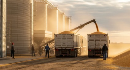Armazém graneleiro com caminhões descarregando milho em silos metálicos