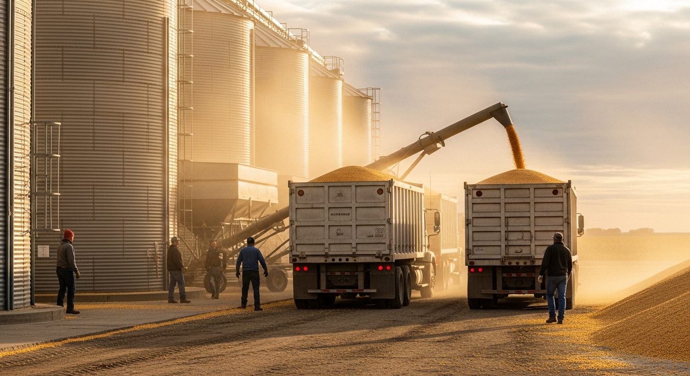 Armazém graneleiro com caminhões descarregando milho em silos metálicos