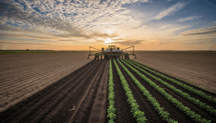 Talhão de soja em fase inicial de emergência com plantadeira ao fundo