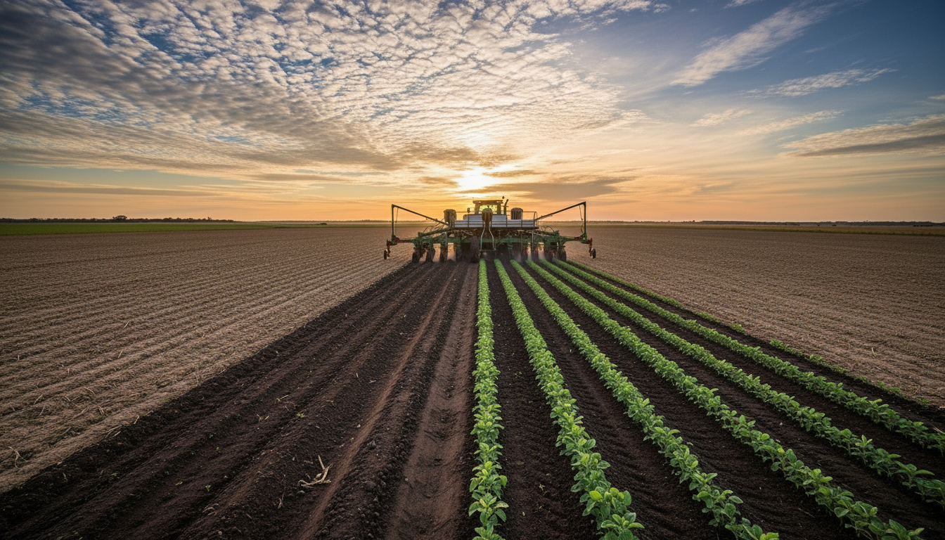 Talhão de soja em fase inicial de emergência com plantadeira ao fundo