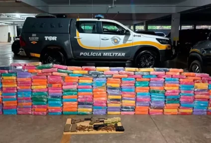 O motorista, de 52 anos, foi preso em flagrante e declarou que havia carregado a droga em Dourados. Além da droga, armas e munições de uso restrito também foram apreendidas. (Foto: Divulgação/ PMSP)