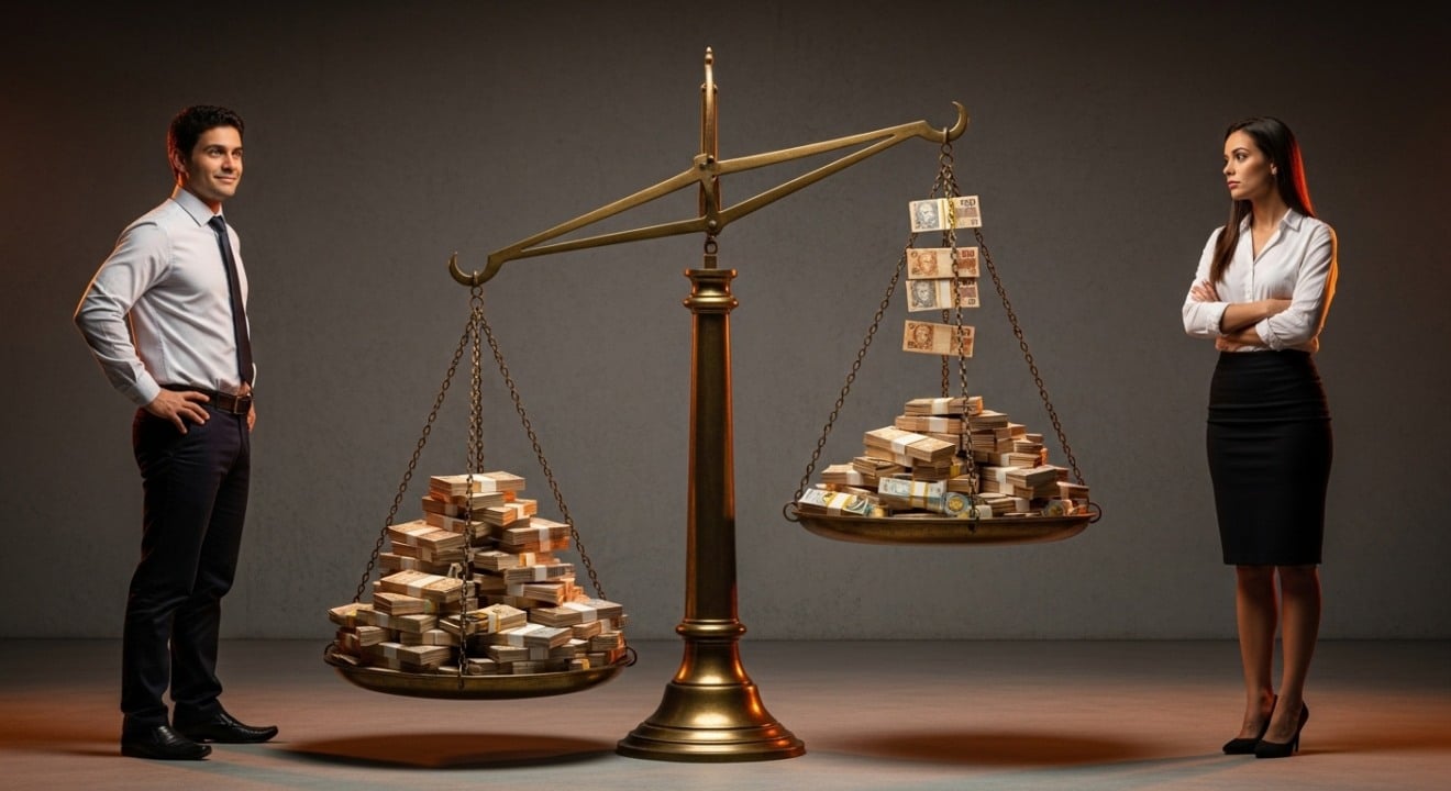 Mulher e homem lado a lado em ambiente de escritório, olhando para gráficos em uma mesa, simbolizando a desigualdade salarial entre gêneros e níveis de escolaridade em Mato Grosso do Sul.