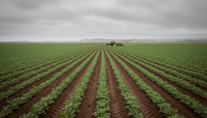 Lavoura de soja em Mato Grosso do Sul com solo úmido, céu nublado e máquinas agrícolas ao fundo em operação.