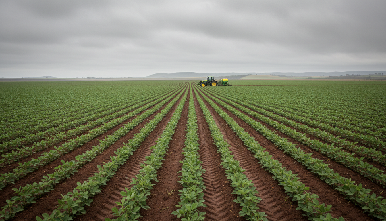 Lavoura de soja em Mato Grosso do Sul com solo úmido, céu nublado e máquinas agrícolas ao fundo em operação.