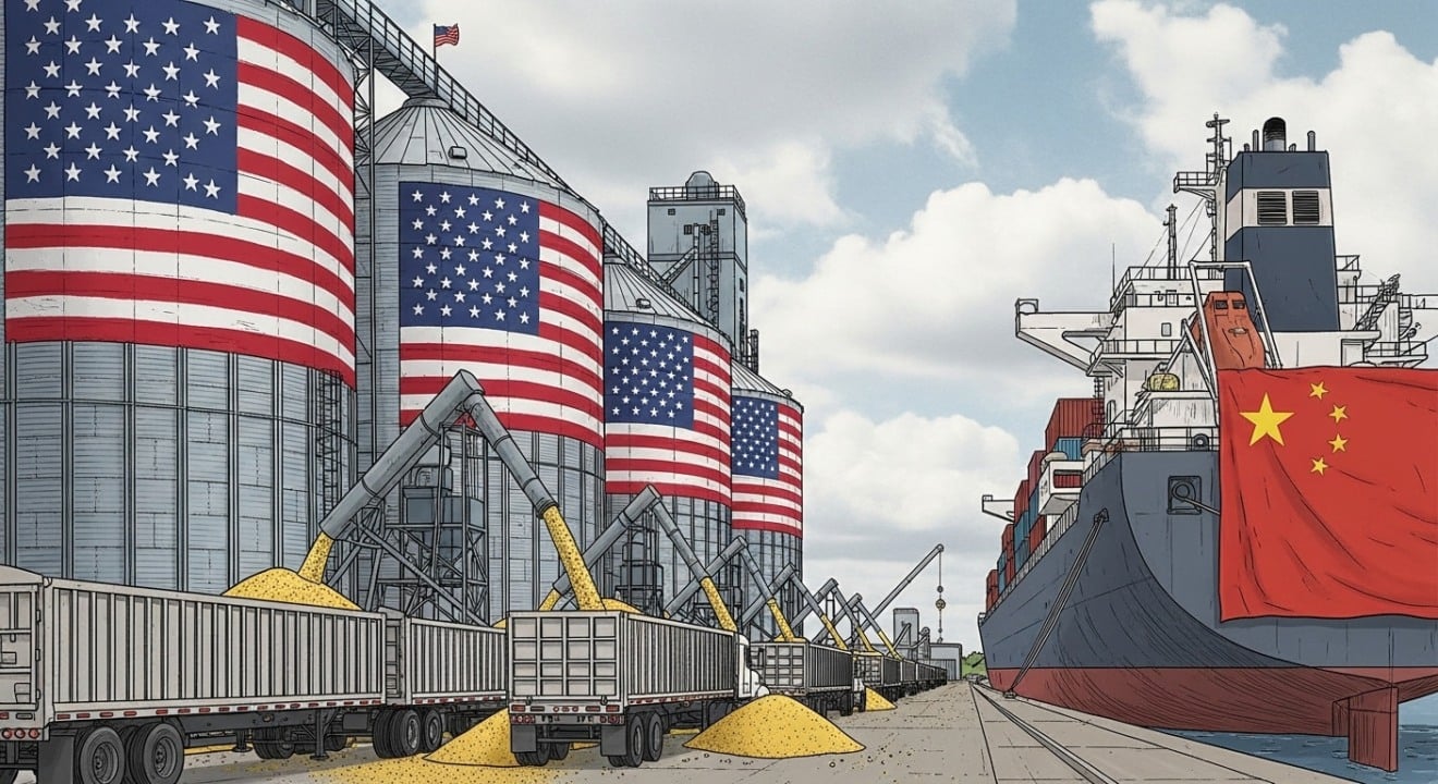 Terminal de grãos com silos cheios de soja e caminhões em carregamento Terminal de grãos com silos cheios de soja e caminhões em carregamento