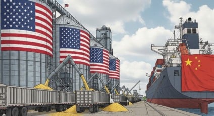 Terminal de grãos com silos cheios de soja e caminhões em carregamento