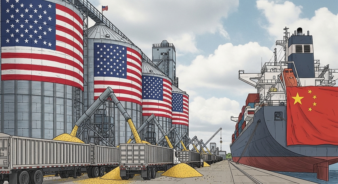 Terminal de grãos com silos cheios de soja e caminhões em carregamento