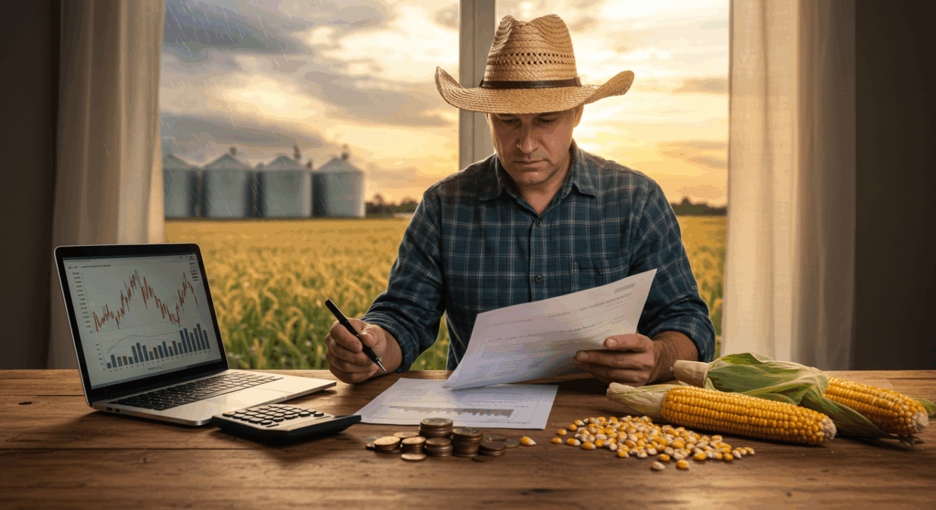 Produtor rural analisa contratos de financiamento em escritório simples no campo Produtor rural analisa contratos de financiamento em escritório simples no campo