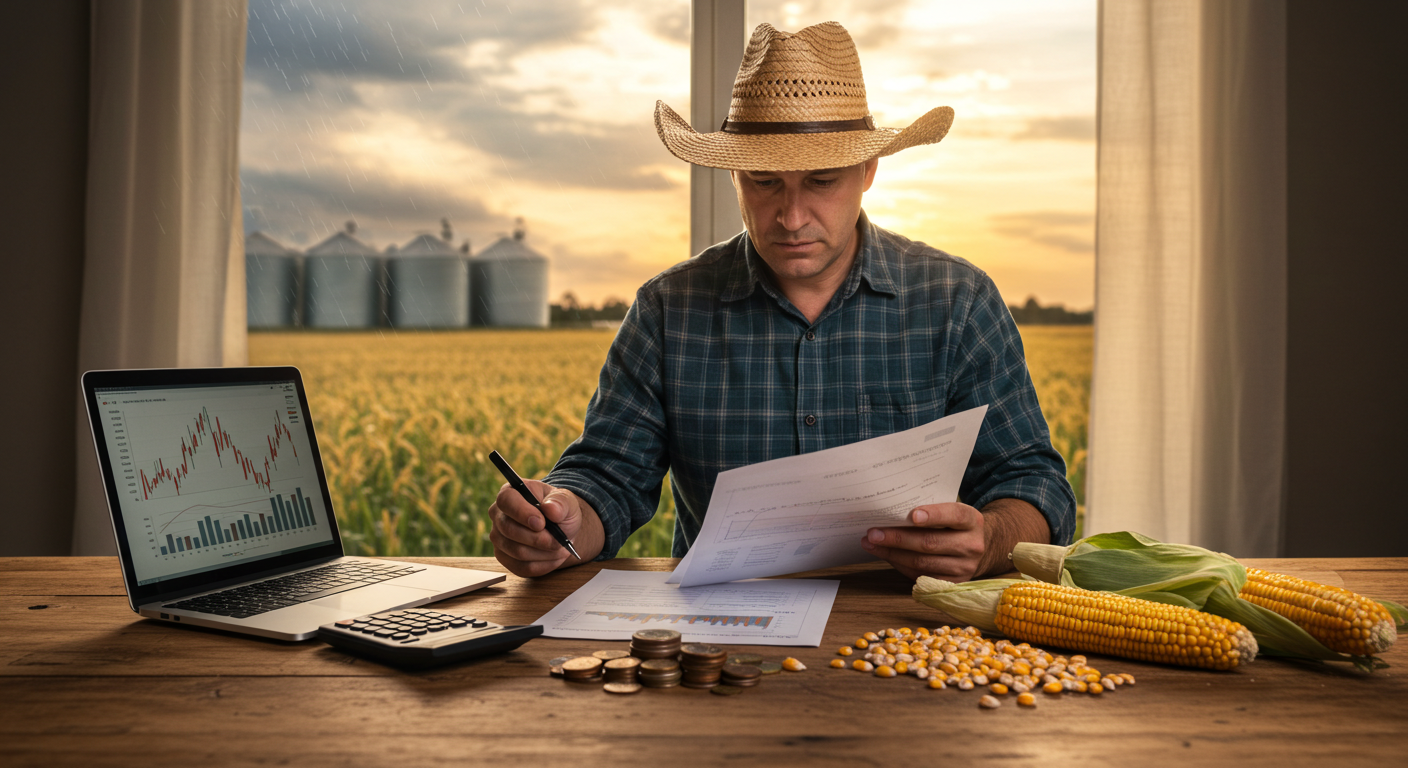 Produtor rural analisa contratos de financiamento em escritório simples no campo