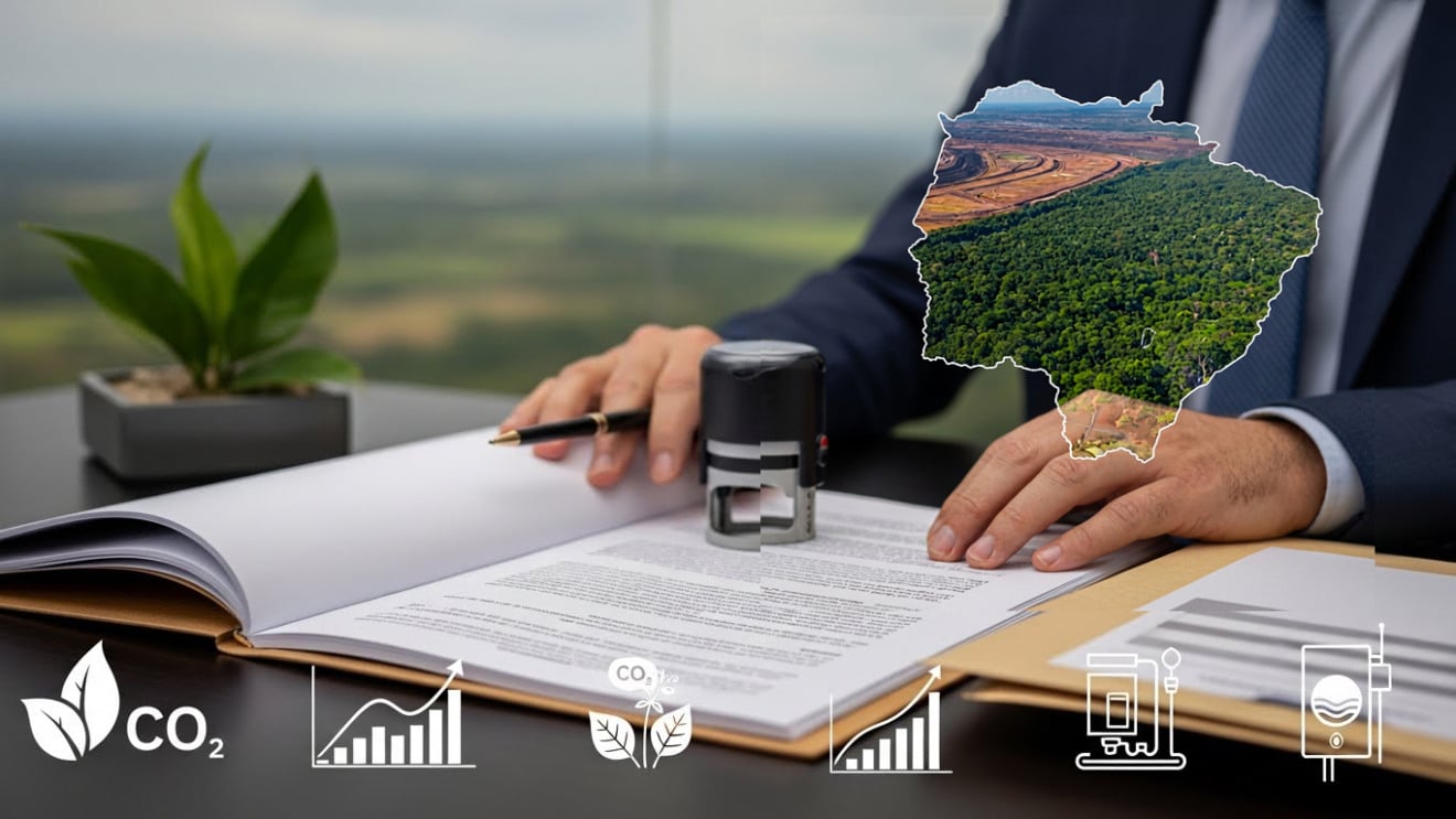 Documento oficial aberto com mapa de MS ao fundo e ícones de floresta, carbono e biodiversidade em estilo editorial Documento oficial aberto com mapa de MS ao fundo e ícones de floresta, carbono e biodiversidade em estilo editorial