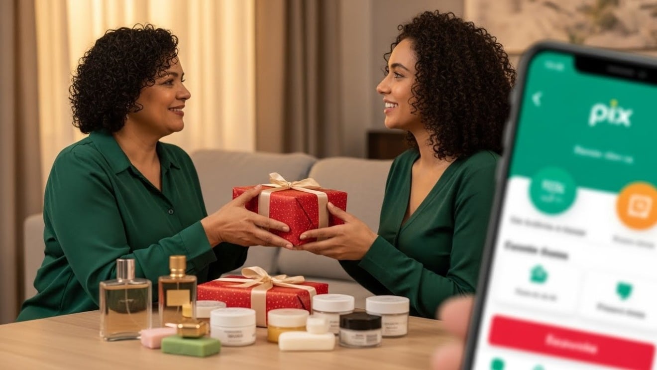 Mulher entrega presente embrulhado com carinho a familiar, em ambiente de reunião de fim de ano Mulher entrega presente embrulhado com carinho a familiar, em ambiente de reunião de fim de ano