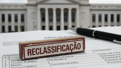 Prédio público e lista de concurso ao lado de uma caneta, simbolizando reclassificação e nomeação na Polícia Penal