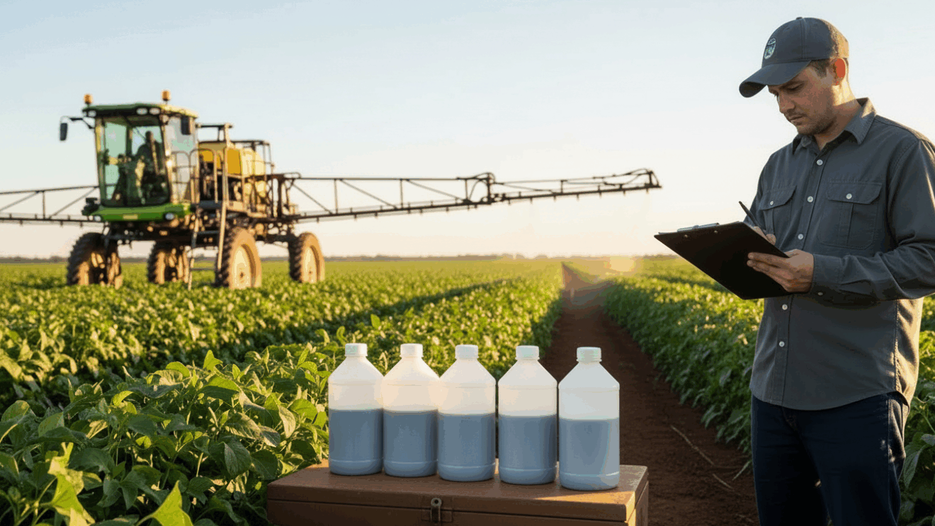 Frascos de insumos biológicos e pulverizador em lavoura de MS, representando controle de pragas e manejo sustentável Frascos de insumos biológicos e pulverizador em lavoura de MS, representando controle de pragas e manejo sustentável