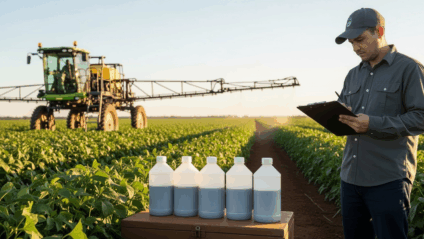 Frascos de insumos biológicos e pulverizador em lavoura de MS, representando controle de pragas e manejo sustentável
