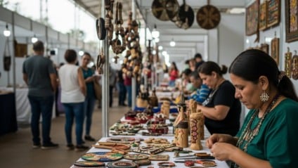 Mãos de artesã com peças artesanais e estandes de feira criativa ao fundo em Mato Grosso do Sul