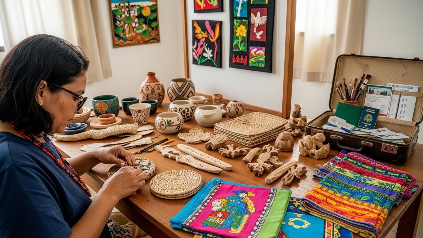 Artesã sul-mato-grossense trabalhando em peças expostas em feira de cultura