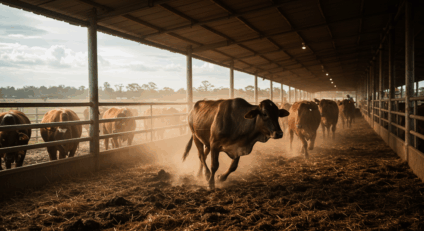 curral de engorda com bois prontos para abate, caminhão boiadeiro ao fundo próximo a frigorífico
