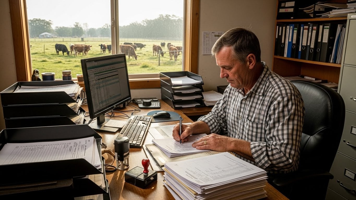 Pecuarista preenchendo formulário em mesa de escritório rural, com computador ligado e janela ao fundo mostrando pasto com gado ao longe