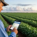 Técnico observa lavoura de soja com tablet na mão durante vistoria sanitária