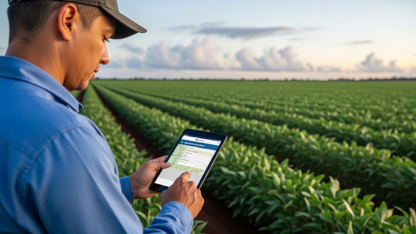 Técnico observa lavoura de soja com tablet na mão durante vistoria sanitária