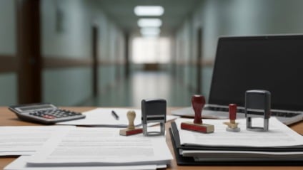 Prédio público com símbolos institucionais e documentos de auditoria em mesa, em ambiente de controle e transparência