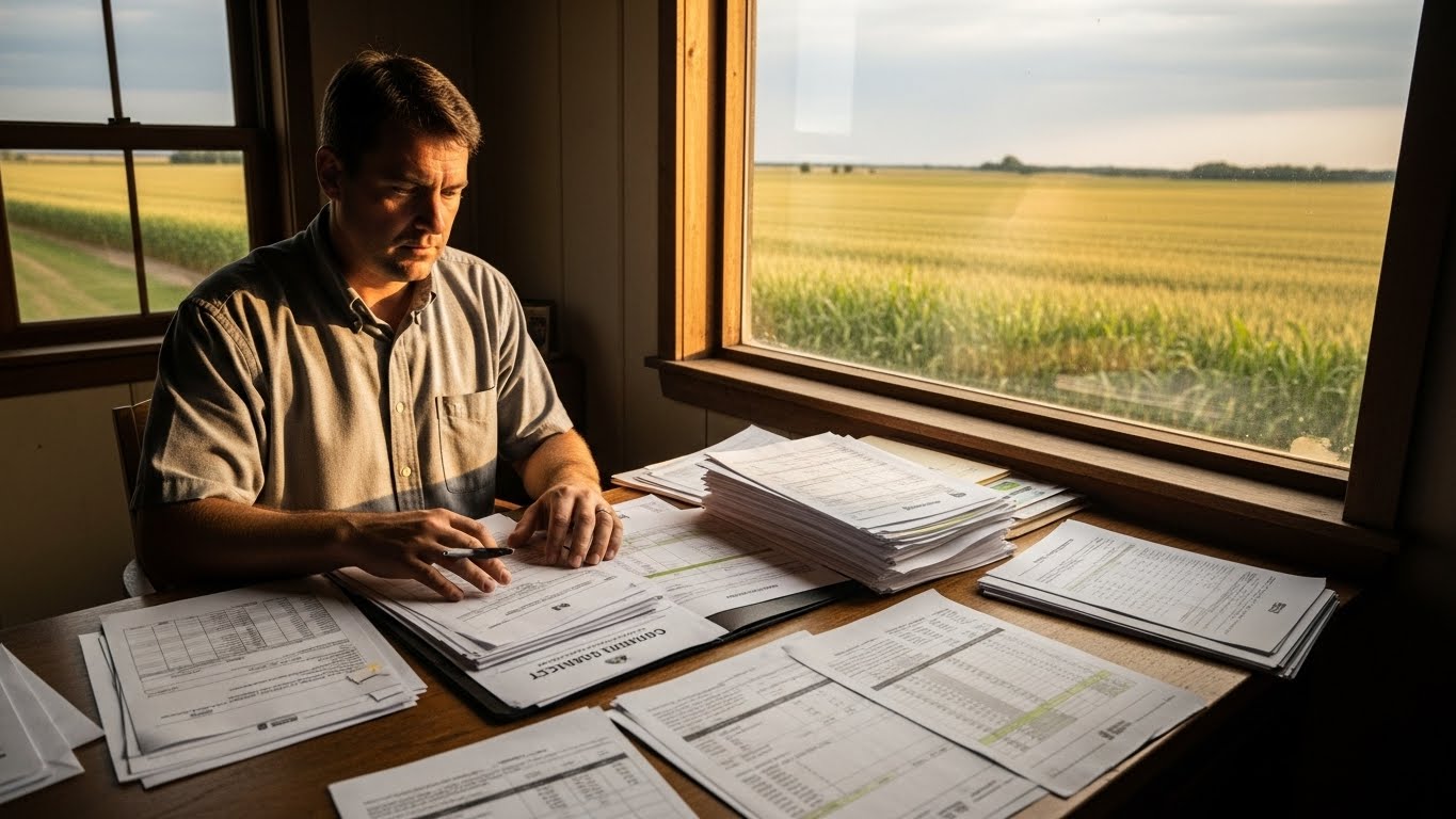 Produtor rural sentado em escritório simples da fazenda, cercado de papéis e boletos, calculadora e notebook abertos sobre a mesa, expressão preocupada