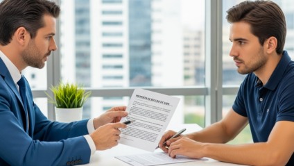 Consumidor analisa proposta de seguro enquanto recebe explicação formal sobre recusa de apólice