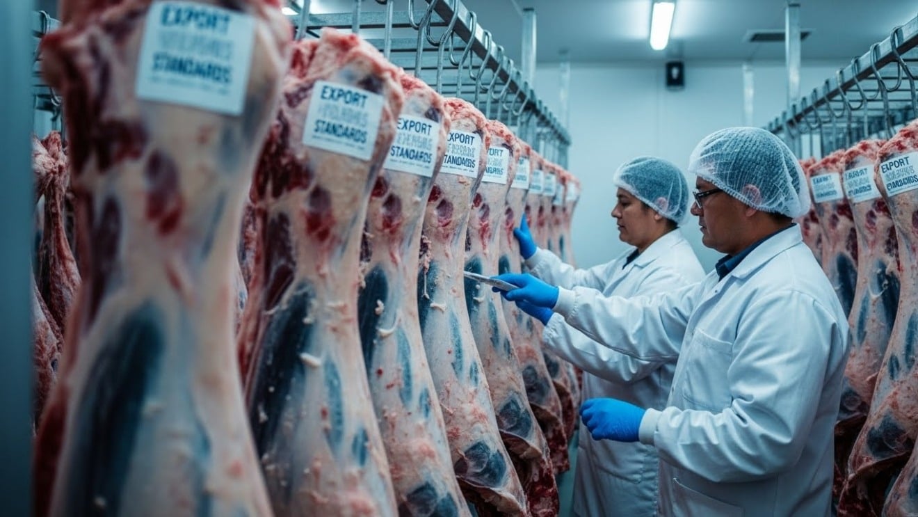 carcaças de boi penduradas em câmara fria, funcionários com EPIs ao fundo e etiquetas de exportação visíveis em algumas peças carcaças de boi penduradas em câmara fria, funcionários com EPIs ao fundo e etiquetas de exportação visíveis em algumas peças