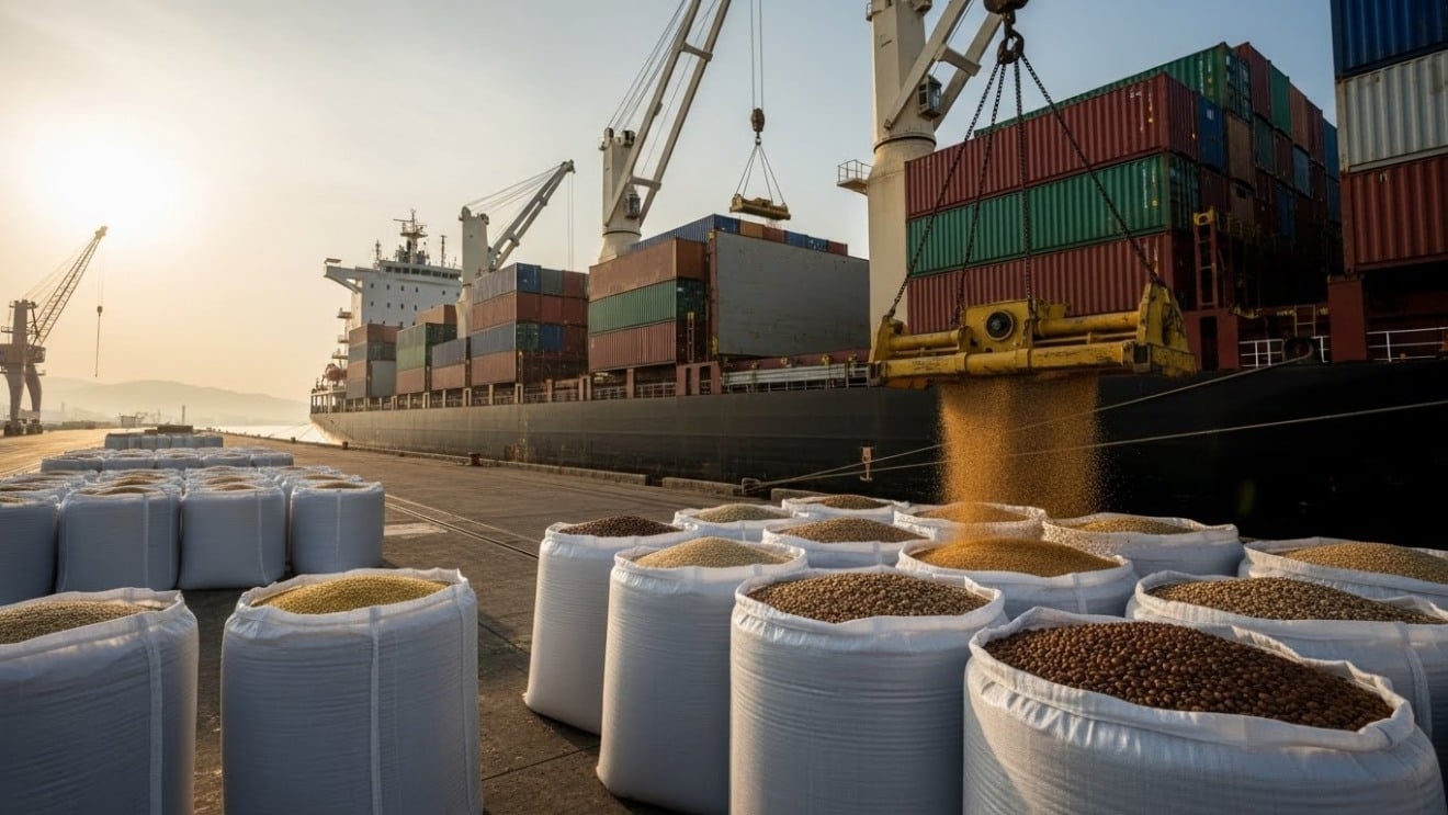 Navio graneleiro em porto carregando contêineres de nozes e feijão, simbolizando novos mercados da Índia e da Rússia