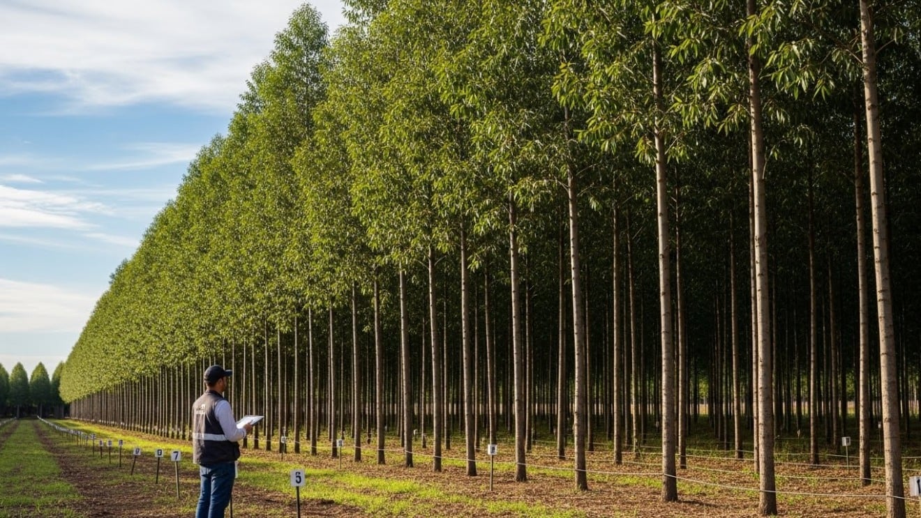 Técnico florestal caminhando em plantação de eucalipto, com prancheta em mãos, inspecionando árvores alinhadas Técnico florestal caminhando em plantação de eucalipto, com prancheta em mãos, inspecionando árvores alinhadas