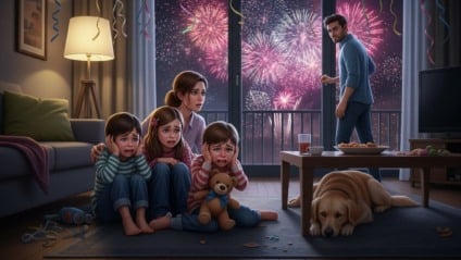 ondomínio à noite com aviso de proibição de fogos com estampido na portaria