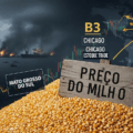lavoura de milho pronta para colheita ao entardecer, ao fundo silos metálicos e caminhões em movimento