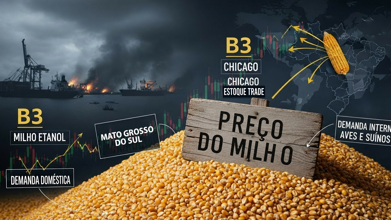lavoura de milho pronta para colheita ao entardecer, ao fundo silos metálicos e caminhões em movimento