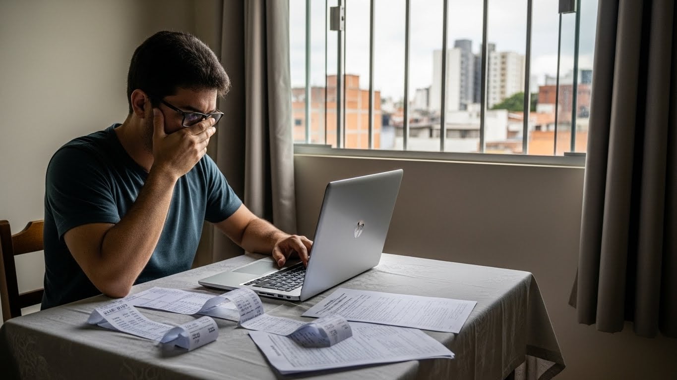 Trabalhador em Campo Grande analisando holerite e declaração de Imposto de Renda sobre a mesa, com calculadora e notebook abertos