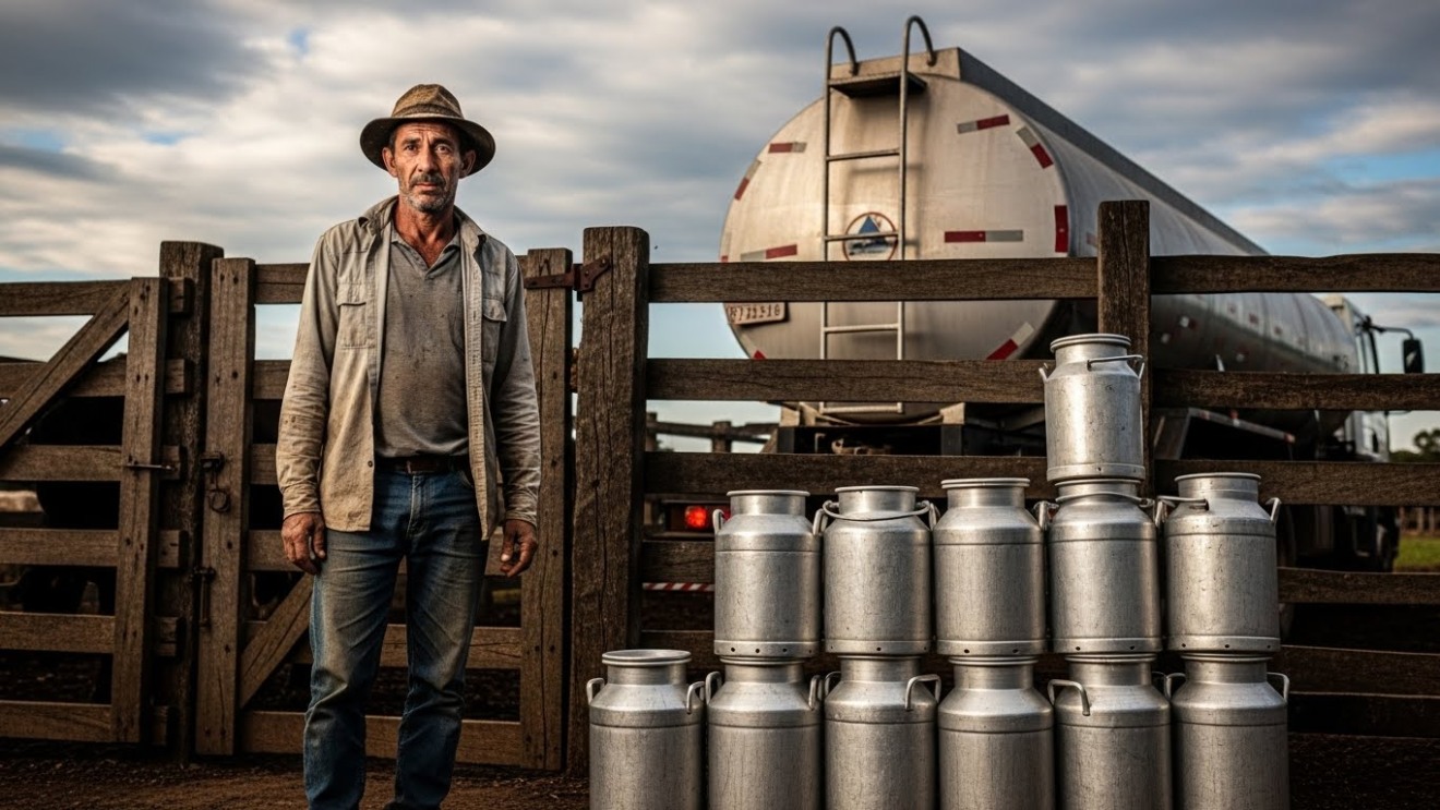 Pequeno produtor de leite com galões e carro pipa Pequeno produtor de leite com galões e carro pipa