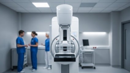 Sala de mamografia com equipamento digital moderno e iluminação clínica, ambiente hospitalar desfocado