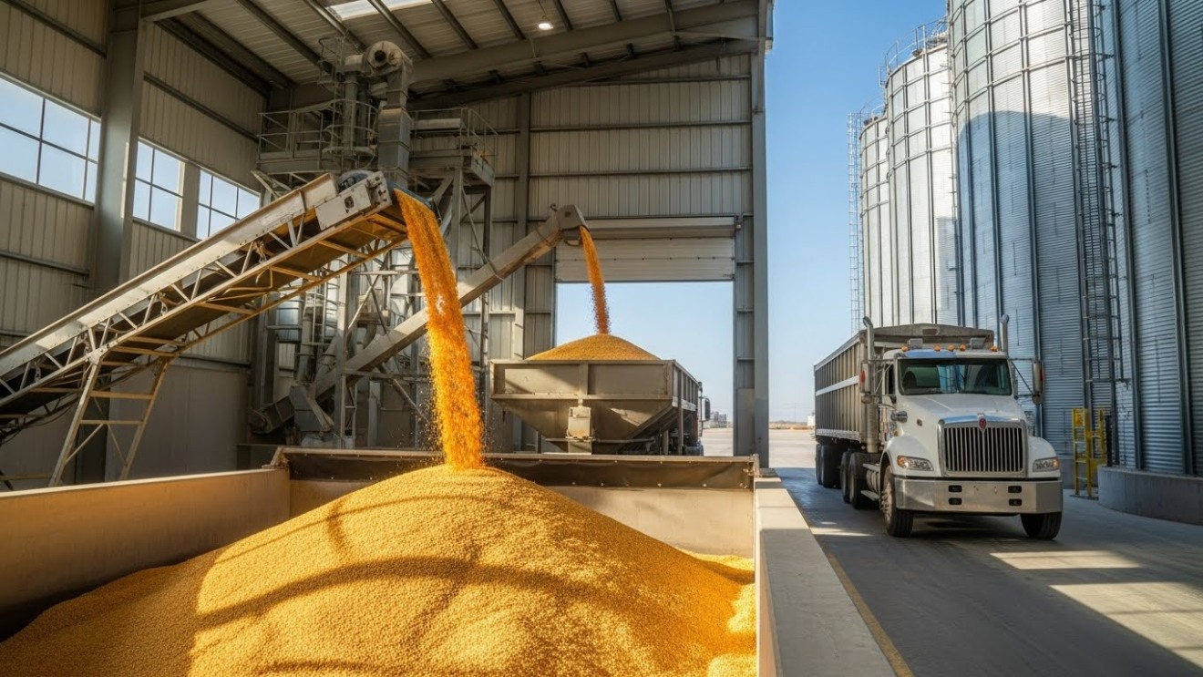caminhão graneleiro sendo carregado com milho amarelo em armazém metálico, silos ao fundo e céu claro, sugerindo abastecimento e escoamento da safra caminhão graneleiro sendo carregado com milho amarelo em armazém metálico, silos ao fundo e céu claro, sugerindo abastecimento e escoamento da safra