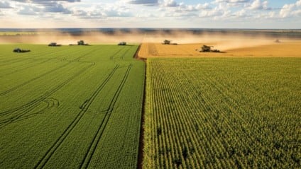 mapa do Brasil com lavouras de soja e milho, céu parcialmente nublado, máquinas em operação, sugerindo contraste entre produtividade da soja e avanço do milho verão