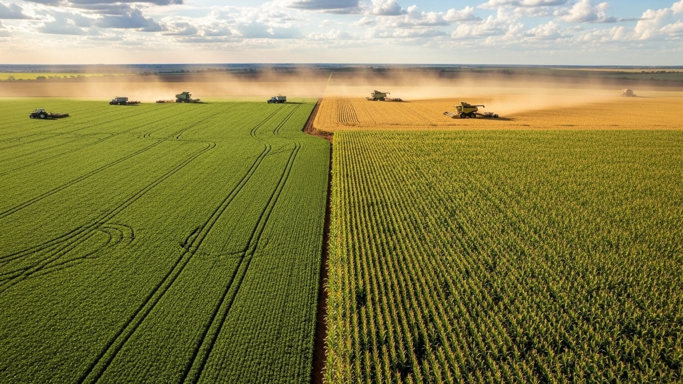 mapa do Brasil com lavouras de soja e milho, céu parcialmente nublado, máquinas em operação, sugerindo contraste entre produtividade da soja e avanço do milho verão