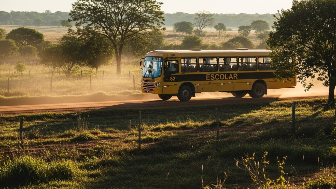 Ônibus escolar em estrada de terra na zona rural de MS, com estudantes ao fundo, sem identificação de rostos Ônibus escolar em estrada de terra na zona rural de MS, com estudantes ao fundo, sem identificação de rostos