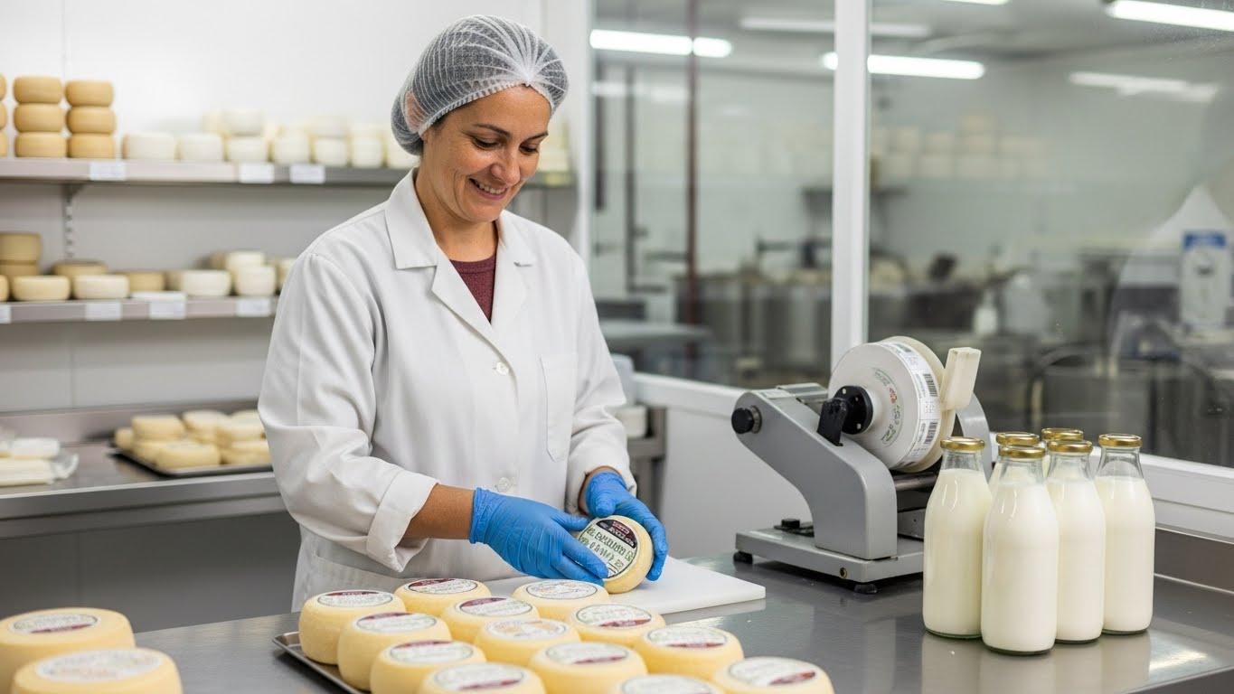 Produtor rural em pequena agroindústria de laticínios etiquetando produtos em ambiente higienizado
